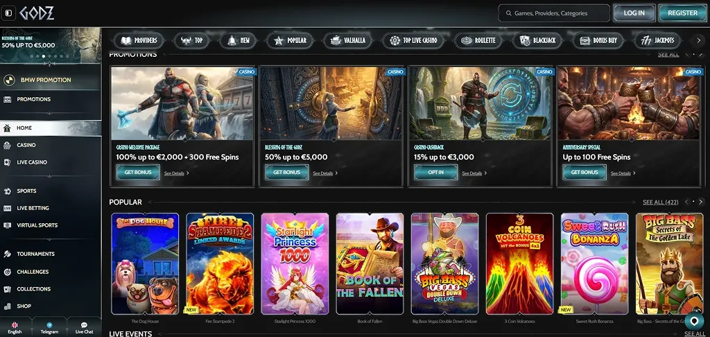 Page d'accueil de Godz Casino, sélection de promotions et de slots populaires