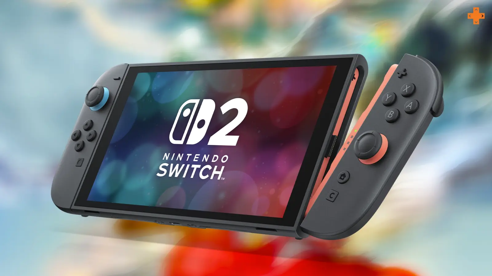 Nintendo Switch 2 en main, joy-cons noir et corail détachés, écran allumé sur le logo de la console