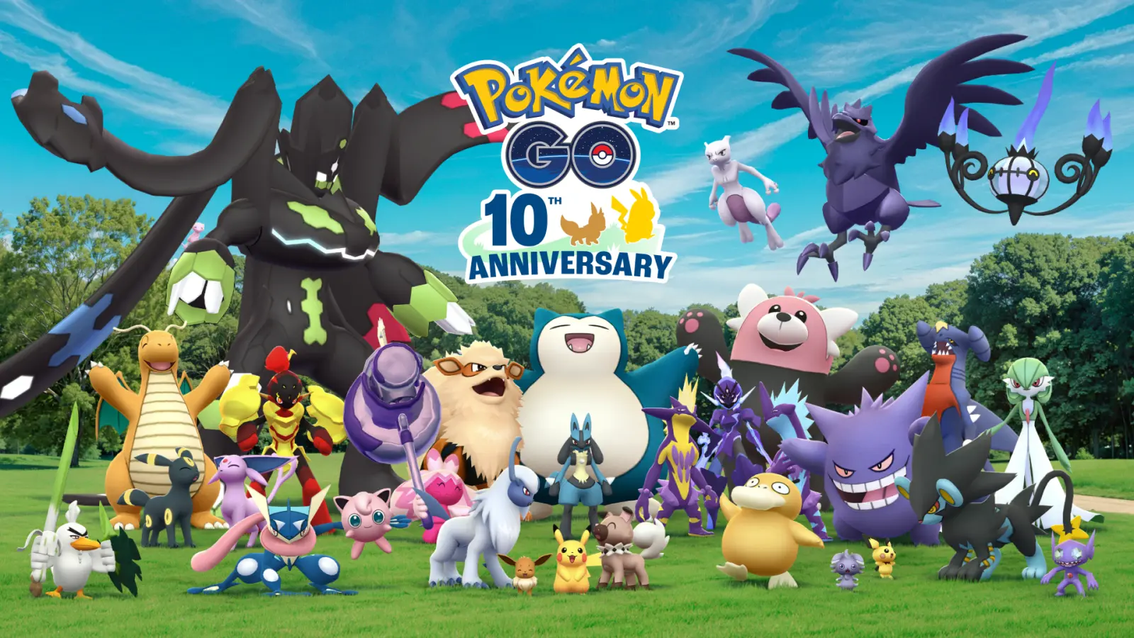 Visuel anniversaire des dix ans de Pokémon Go, rassemblement de créatures emblématiques dans un parc